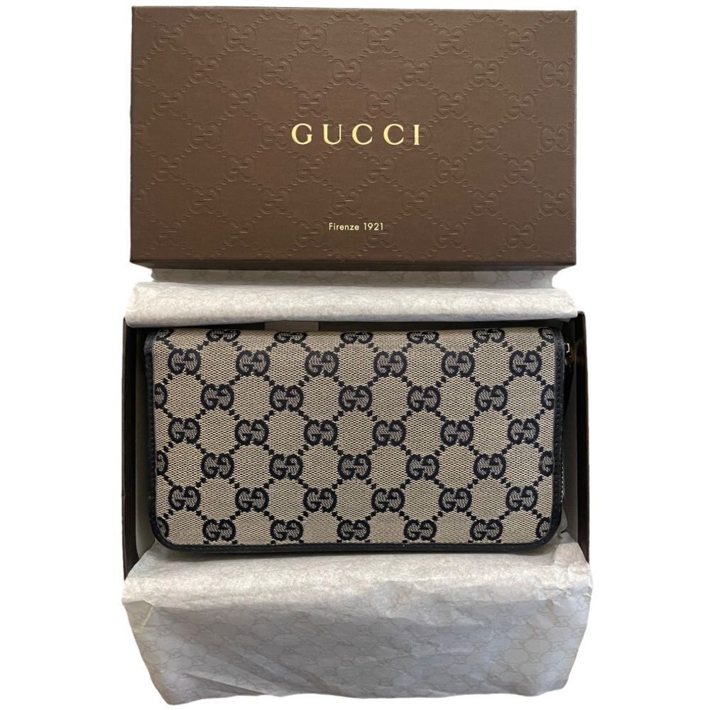 Gucci Canvas Logo Leather Trim Zip Around Margeaux Wallet New Navy